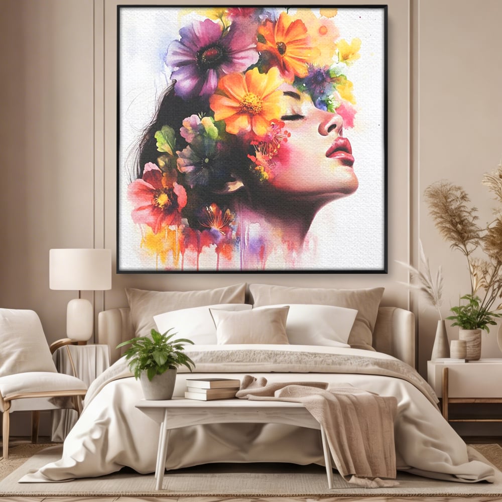 Tablou canvas cu pictura profil femeie cu flori, in rama de aluminiu negru, pe perete intr-un dormitor